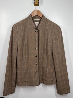 Emma James Vintage Y2K Plaid Blazer Mandarin Collar Lace Trim Size 12 Brown